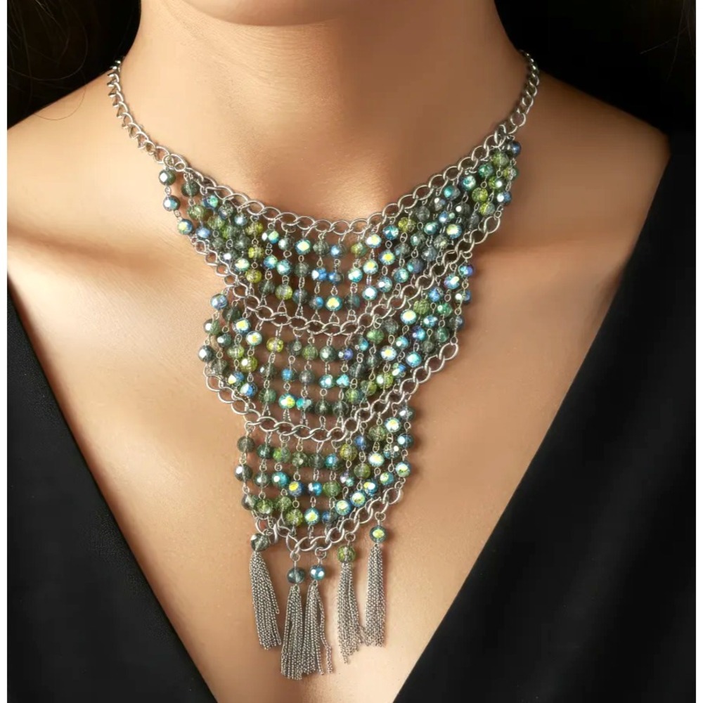 Coldwater Creek Bib Statement Necklace Fire Polished Crystals Tassels Gunmetal